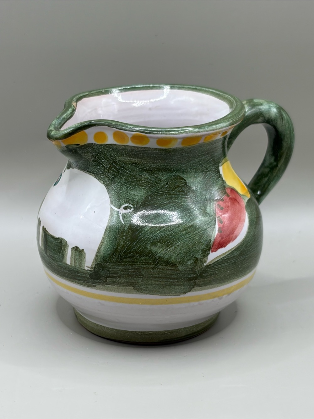 Hand-Painted Green Ceramic Pitcher with Yellow Accent